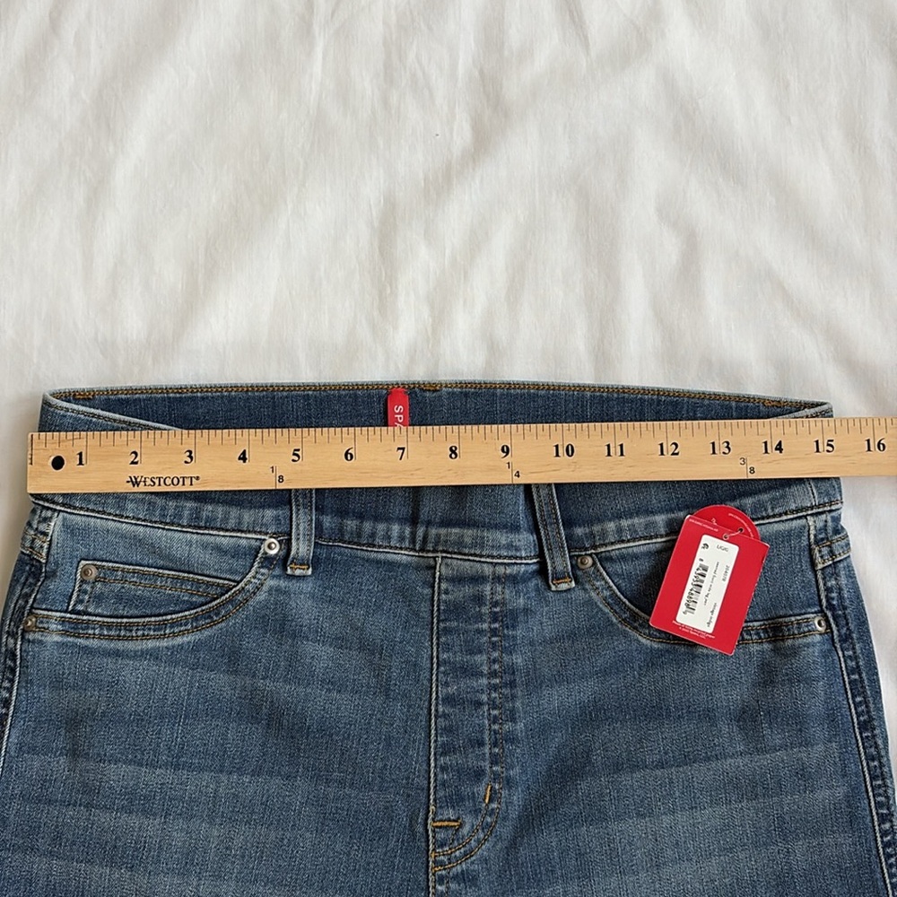 New Vintage Spanx Indigo Denim Blue Jeans Wide Leg Seamed Front Boho Women’s L - Picture 9 of 11
